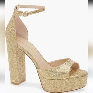 Stuart Weitzman Pamela Gold Glitter Platform Heels Strappy Sandals